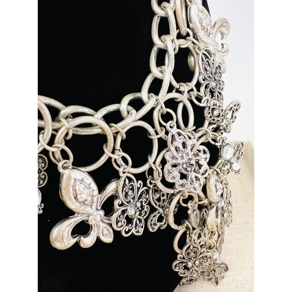 Unica Silver Tone Fleur De Lis Crystal Statement Bib Necklace Gothic Filigree